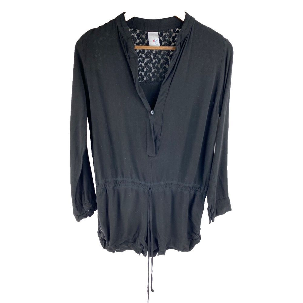 Tylie Malibu Womens S Romper Jumpsuit Black Long Sleeve Drawstring One Piece